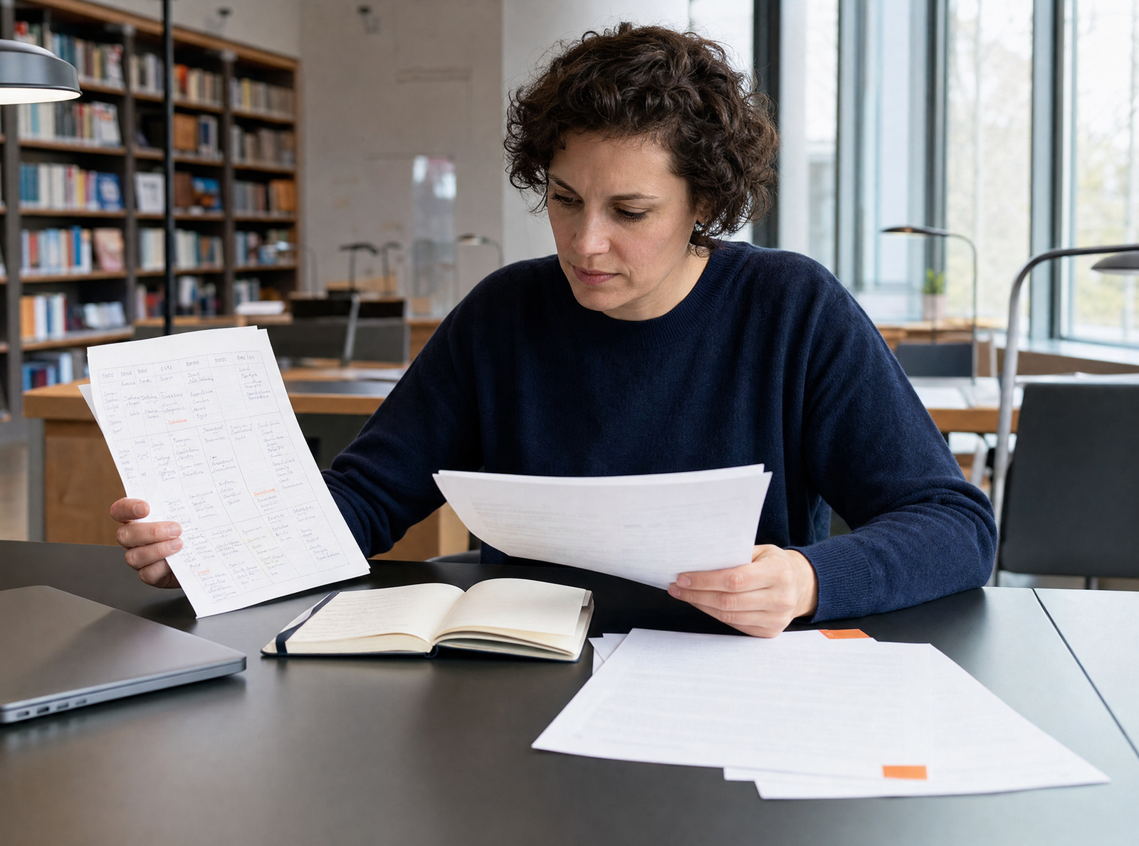 Erwachsene Lernende vergleicht Notizen und Wochenplan in einem Leseraum.