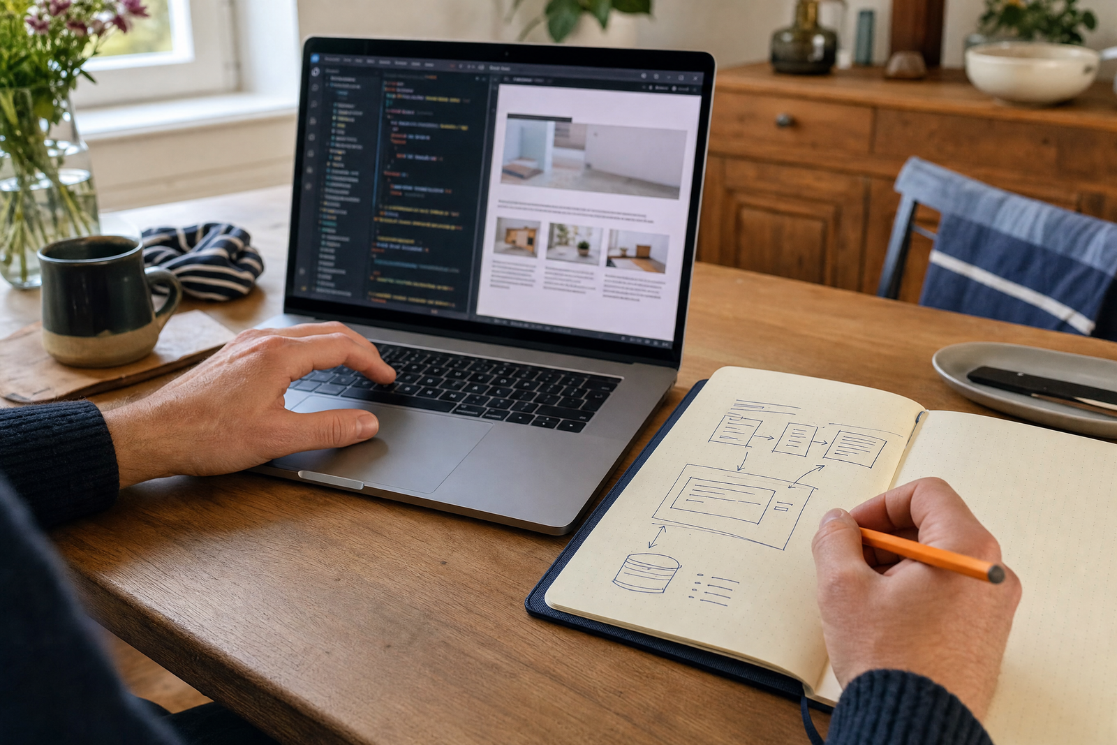 Hände an Laptop und Notizbuch mit Skizze einer Webanwendung.